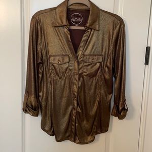 INC shimmer gol/brown button down top size M (p)